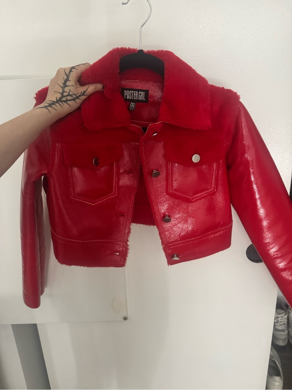 Dolls Kill Red Cropped Faux Leather Teddy Jacket